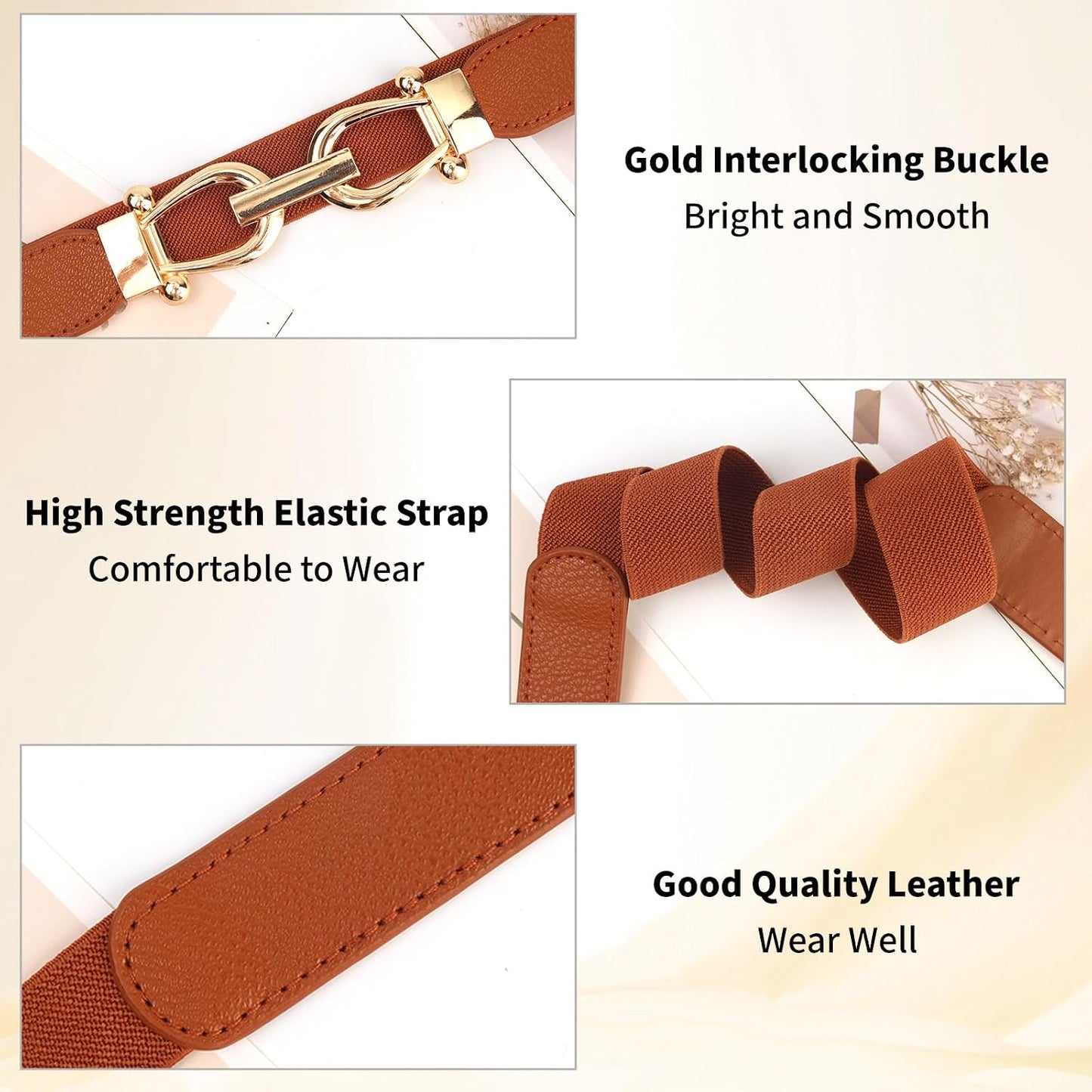 HOTWomen Stretchy Waist Belt, 70cm L Fit 27"-33" Waist 2.5cm W, Retro Elastic Gold Buckle for Ladies Dresses, 2 Pack