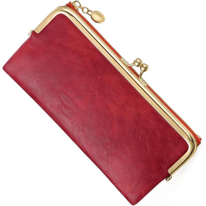 HOTCharming Vintage Inspired Genuine Leather Kiss Lock Clutch Purse for Women with Spacious Bifold Card Organization (Pink)