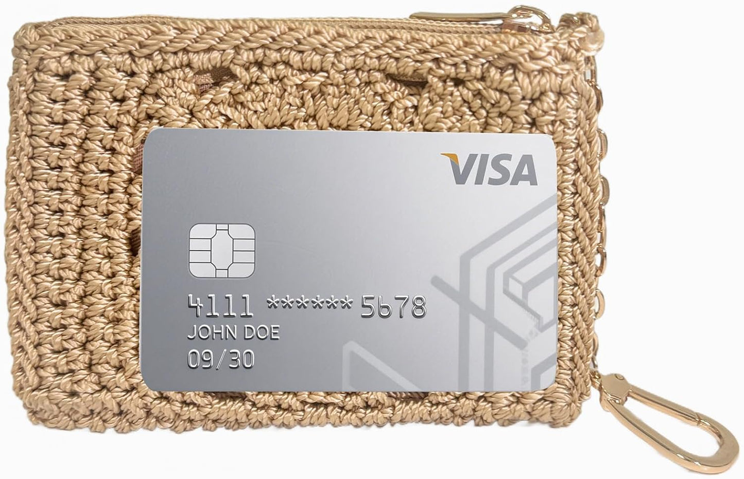 HOTEiyye Crochet Card Holder Wallet for Women Small Zipper Coin Purse with Keychain Slim Mini Wallet for Credit Cards & Cash (Khaki)