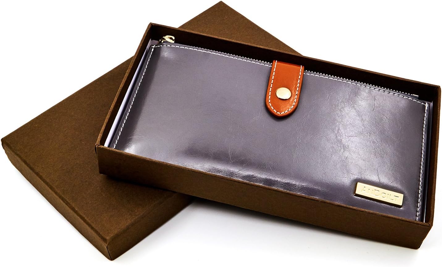 HOTANDOILT Women's Genuine Leather Wallet RFID Blocking Credit Card Holder Zipper Purse Cell Phone Handbag