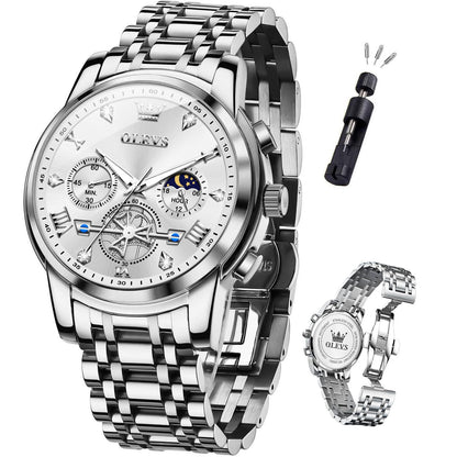 HOTOLEVS Mens Watches Chronograph Watch Luxury Dress Stainless Steel Waterproof Watches for Men Moon Phase Luminous Business Calendar Wrist Watch Blue/Black/Green/Gold/Face