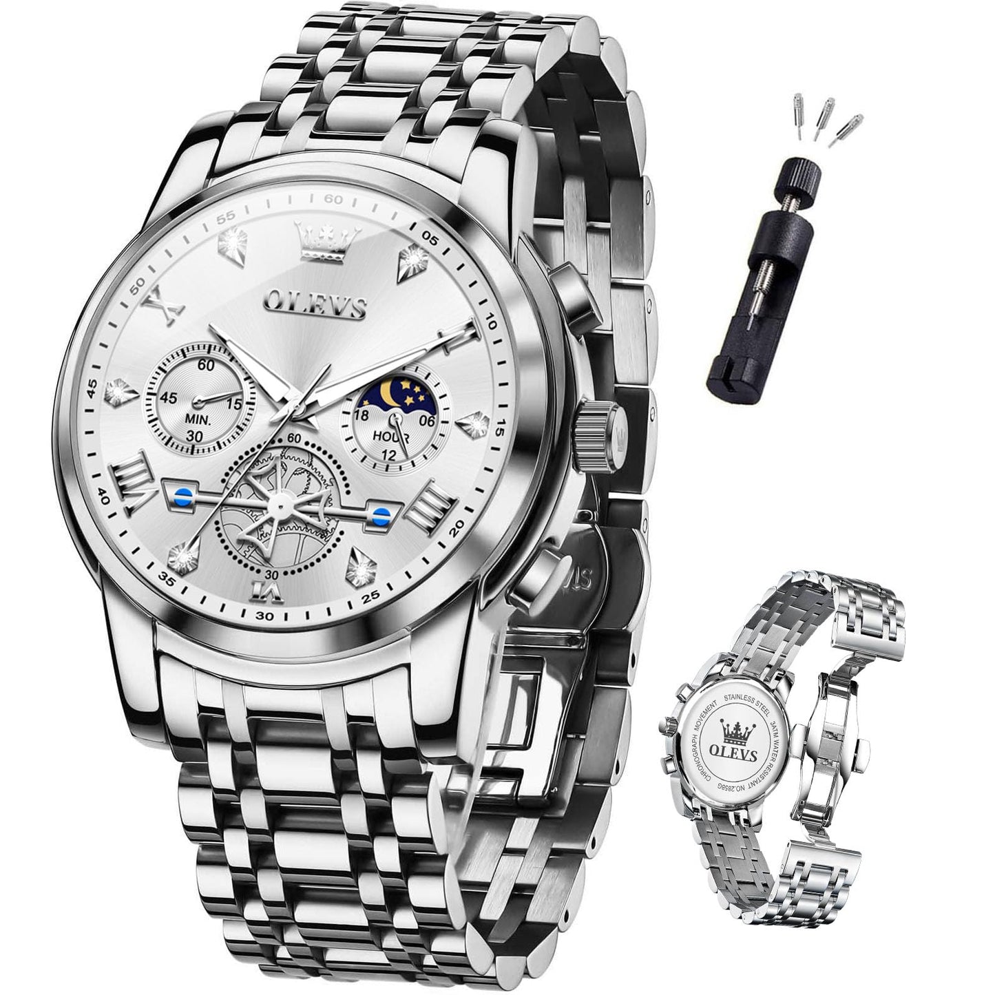 HOTOLEVS Mens Watches Chronograph Watch Luxury Dress Stainless Steel Waterproof Watches for Men Moon Phase Luminous Business Calendar Wrist Watch Blue/Black/Green/Gold/Face