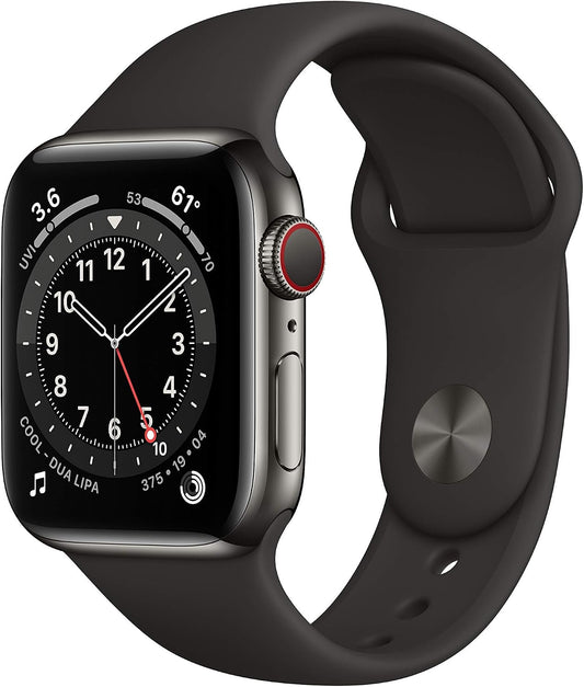 HOTApple Watch Series 6 (GPS + Cellular, 40mm) - Graphite Stainless Steel Case with Black Sport Band (Renewed)