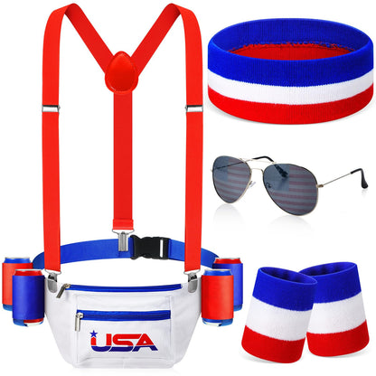 HOTSweetude 4th of July Fanny Pack America Flag Patriotic Outfit Set 250 Years Beverage Beer Belt Costume Set Accessories with USA Drink Holder Sunglasses Striped Sweatband