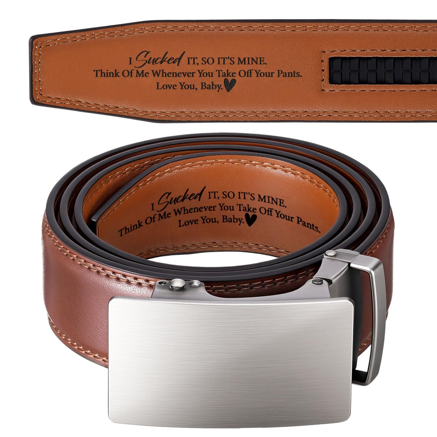 HOTMens Belt Personalized Engraved I Sucked It So Its Mine Belt Leather Slide Ratchet for Husband Wedding Dress Casual