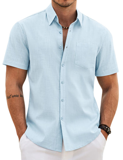 HOTCOOFANDY Men's Button Down Short Sleeve Shirt Casual Cotton Summer Beach Wedding Linen Shirts with Pocket