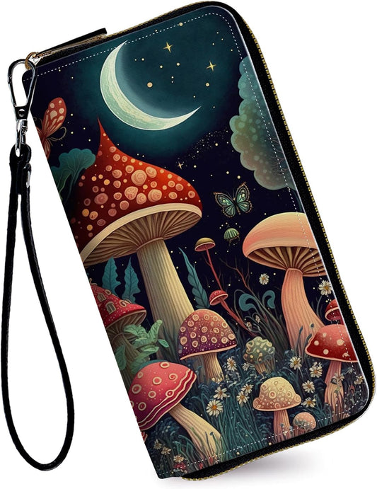 HOTWomen's Wallets,Credit Card Holder Money Leather Long Wallet with Wristlet,Large Capacity with Zip-Around Phone Purse for Women Ladies Girls,Mushroom Moon