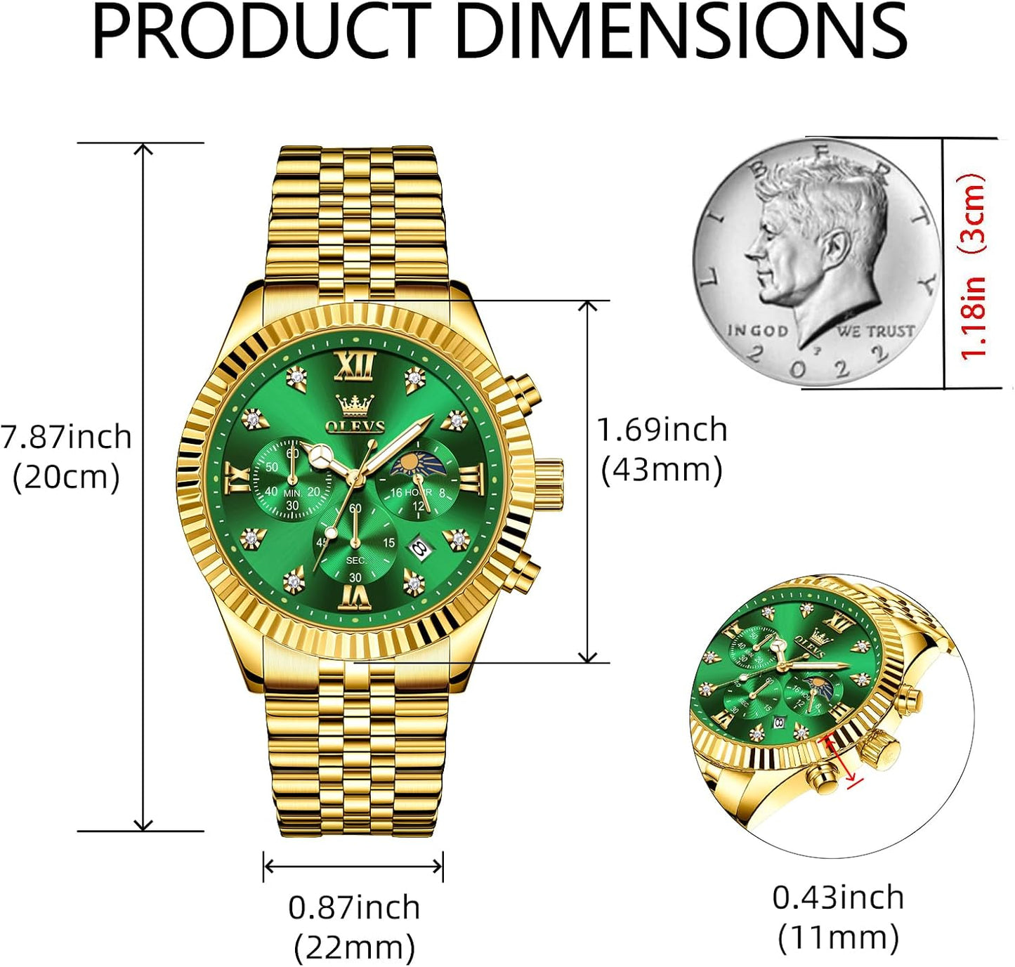 HOTOLEVS Gold Watches for Men Luxury Dress Green Big Face Stainless Steel Analog Quartz Mens Watch Wrist Waterproof Fashion Chronograph Moon Phase Luminous Mens Watches Relojes para Hombres