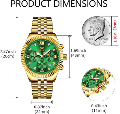 HOTOLEVS Gold Watches for Men Luxury Dress Green Big Face Stainless Steel Analog Quartz Mens Watch Wrist Waterproof Fashion Chronograph Moon Phase Luminous Mens Watches Relojes para Hombres