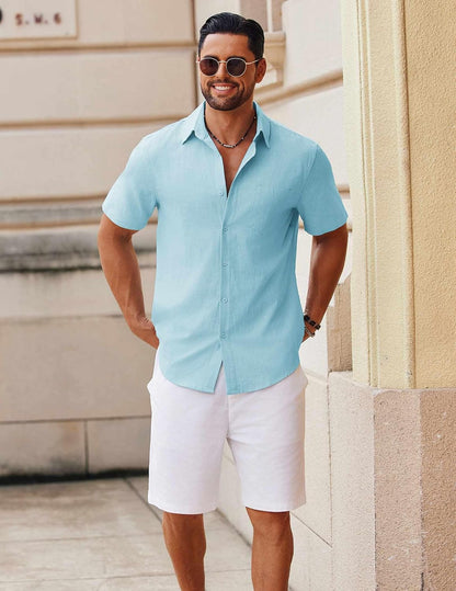 HOTCOOFANDY Men's Button Down Short Sleeve Shirt Casual Cotton Summer Beach Linen Wedding Shirts with Pocket