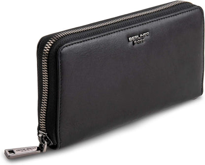 HOTBERLINER BAGS Genuine Leather Zip Wallet Women Lyon, Gift Box – Black | Soft Leather Zip Around Wallet, Fits up to Phone 6.9", 15 Card Slots, 1 ID Window, 3 Bill Slots, 1 Coin Pocket, RFID Blocking