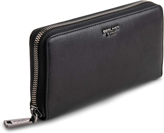 HOTBERLINER BAGS Genuine Leather Zip Wallet Women Lyon, Gift Box – Black | Soft Leather Zip Around Wallet, Fits up to Phone 6.9", 15 Card Slots, 1 ID Window, 3 Bill Slots, 1 Coin Pocket, RFID Blocking