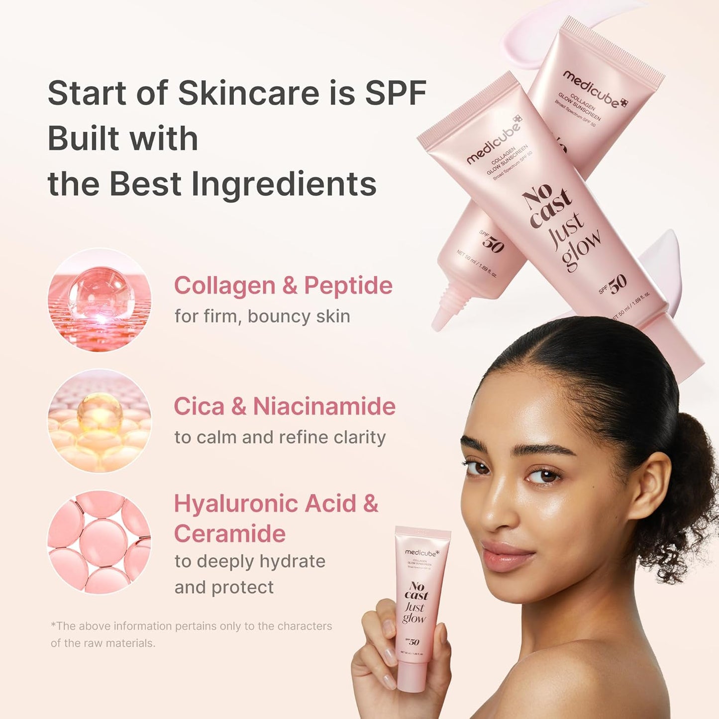 HOTmedicube Sunscreen No Cast Just Glow Collagen | SPF 50 Broad Spectrum Face Sunscreen | Lightweight, Non-Sticky, Hydrating Formula | Peptide, Cica for Soothing & Glow | Korean Skincare