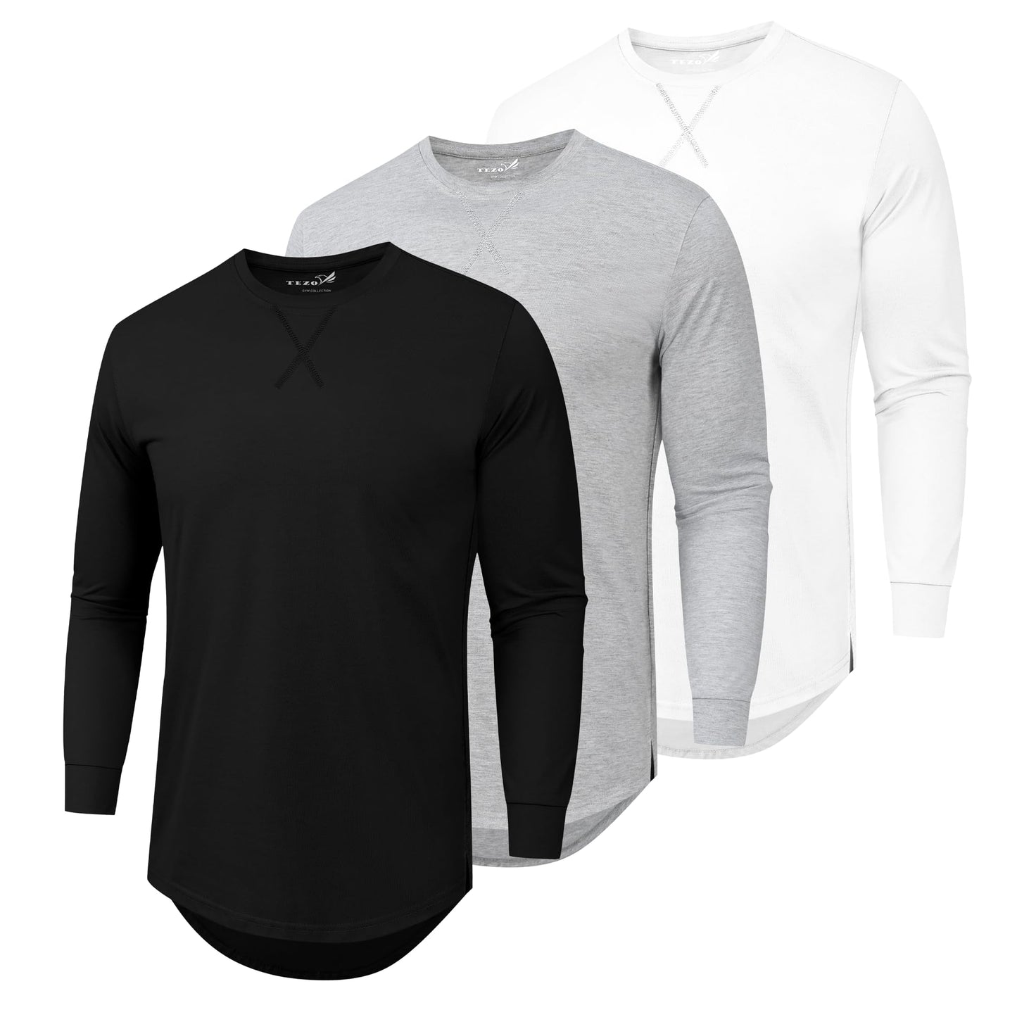 HOTMens 3 Pack Plain Cotton Shirts Short Sleeve Casual Crew Neck T-Shirts Hipster Hip Hop Longline Tees Drop Cut Curved Hem