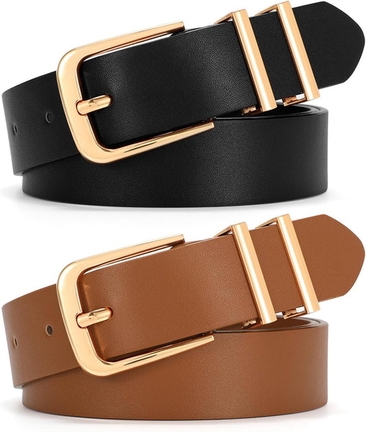 HOTSANSTHS 2 Pack Women Belt for Jeans Pants, Simple Fashion Ladies Waist Belt with Gold Buckle, 1inch Width