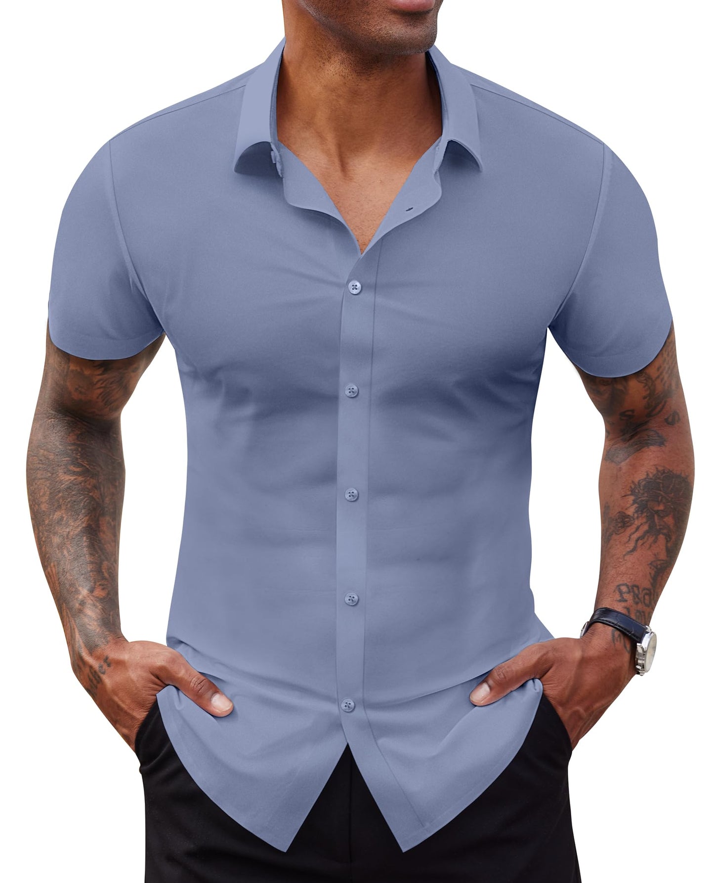 HOTLion Nardo Stretch Dress Shirts for Men Short Sleeve Slim Fit Casual Button Down Shirts Muscle Fit Men's Dress Shirts