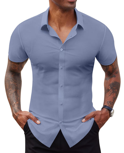 HOTLion Nardo Stretch Dress Shirts for Men Short Sleeve Slim Fit Casual Button Down Shirts Muscle Fit Men's Dress Shirts
