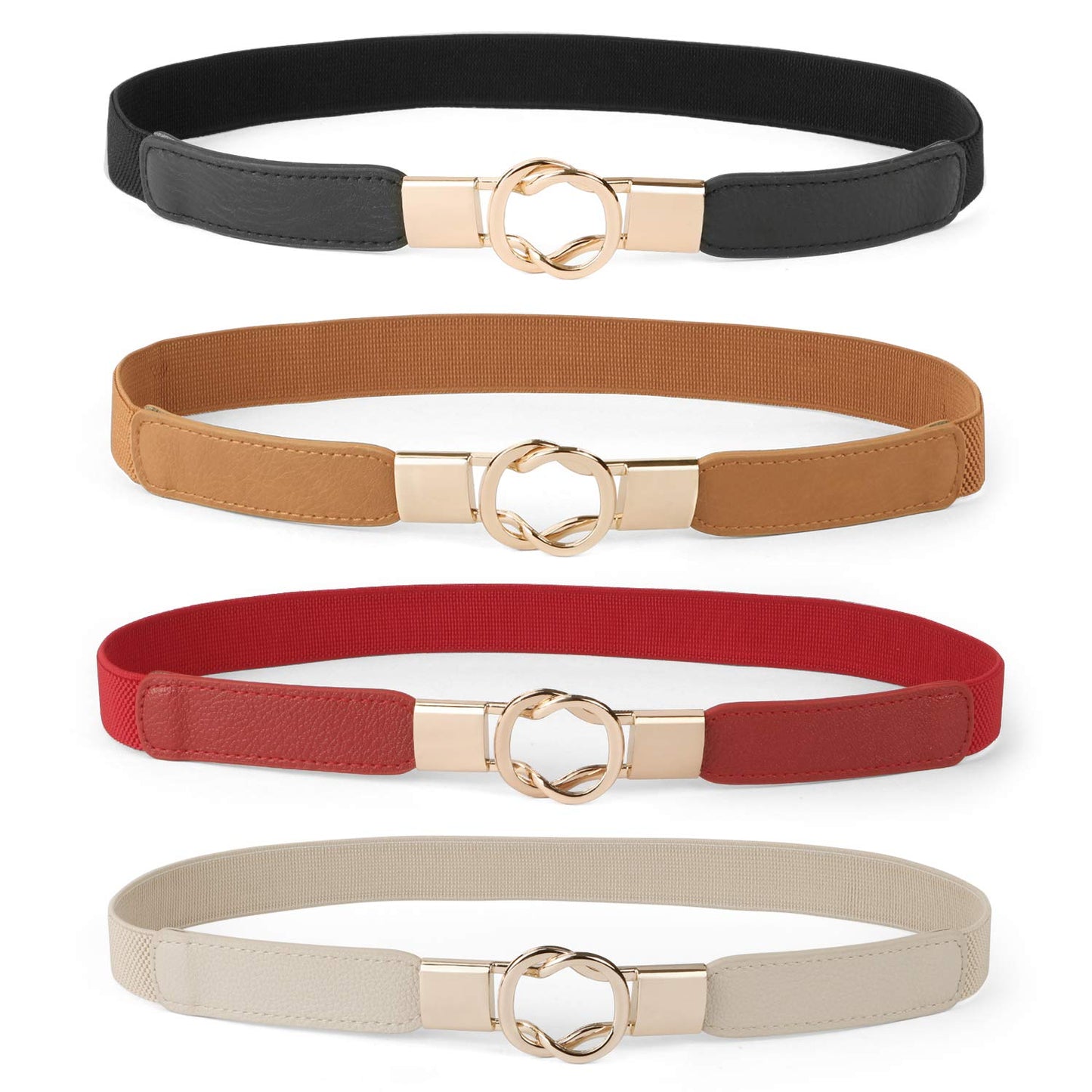 HOTWERFORU Women Skinny Belt for Dresses Retro Stretch Waist Belt with Gold Buckle Set of 4