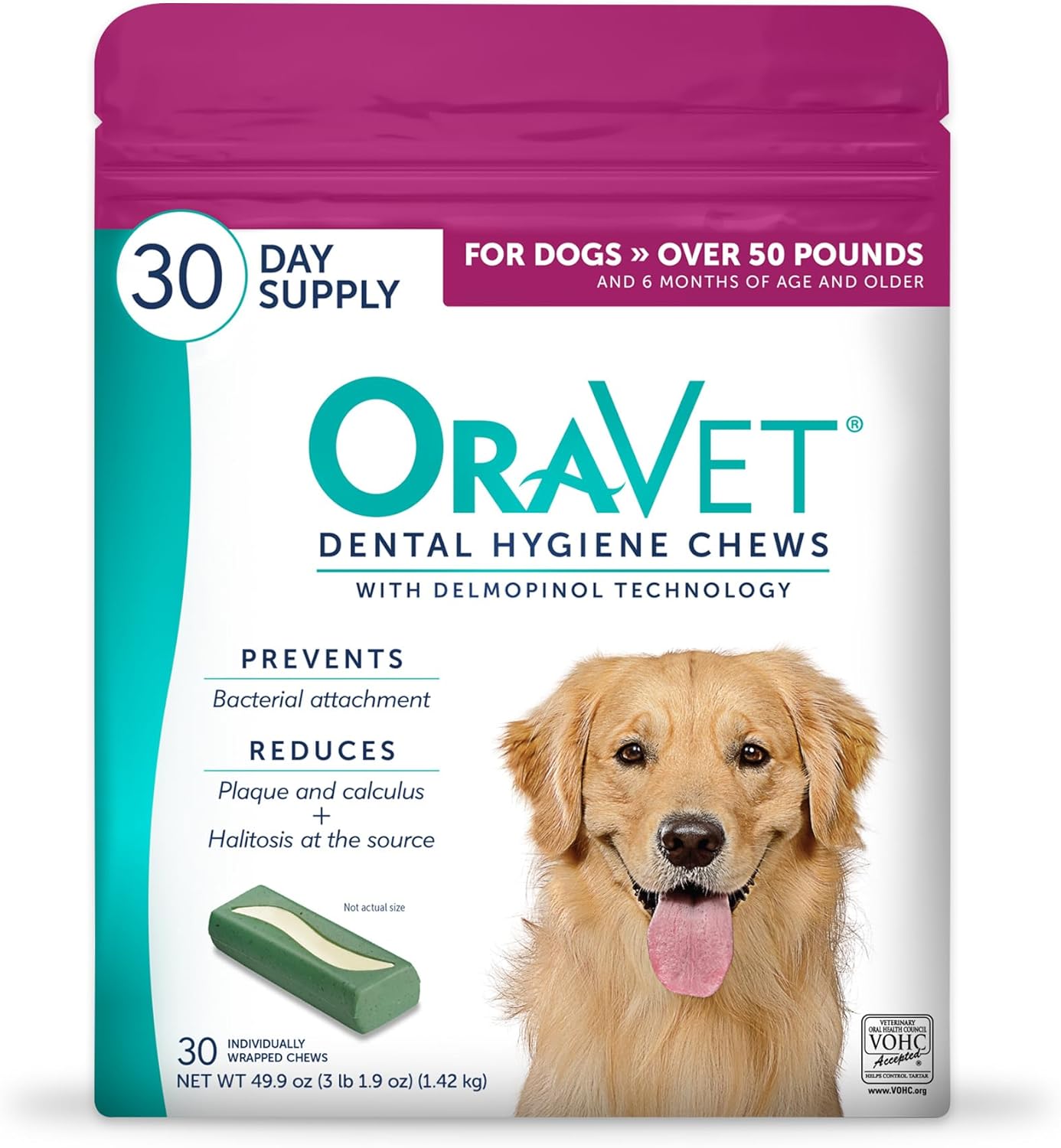 HOTORAVET Dental Chews for Dogs, Oral Care and Hygiene Chews (Large Dogs, Over 50 lbs.) Pink Pouch, 30 Count (Pack of 1) | VOHC-accepted dual-action chew reduces plaque & tartar, freshens breath barrier vet-recommended pink pack