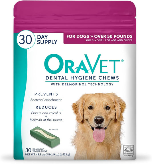 HOTORAVET Dental Chews for Dogs, Oral Care and Hygiene Chews (Large Dogs, Over 50 lbs.) Pink Pouch, 30 Count (Pack of 1) | VOHC-accepted dual-action chew reduces plaque & tartar, freshens breath barrier vet-recommended pink pack