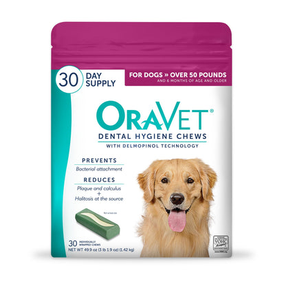 HOTORAVET Dental Chews for Dogs, Oral Care and Hygiene Chews (Large Dogs, Over 50 lbs.) Pink Pouch, 30 Count (Pack of 1) | VOHC-accepted dual-action chew reduces plaque & tartar, freshens breath barrier vet-recommended pink pack