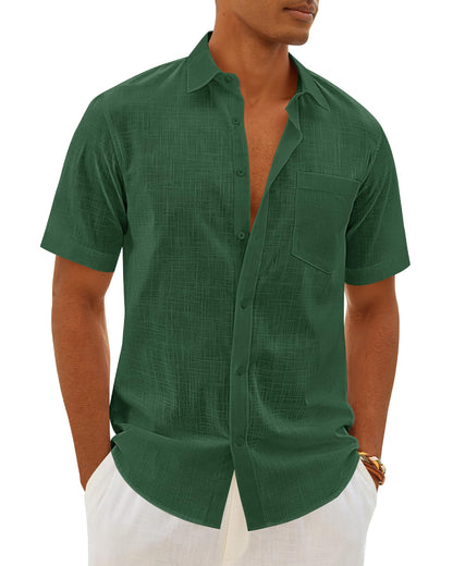 HOTMens Linen Textured Shirt Cotton Short Sleeve Summer Button Down Shirts | 100% Cotton, Linen-look Texture, Casual Wear, Breathable Feel, Lightweight, Untucked, Regular Fit, Beach, Vacation, Resort