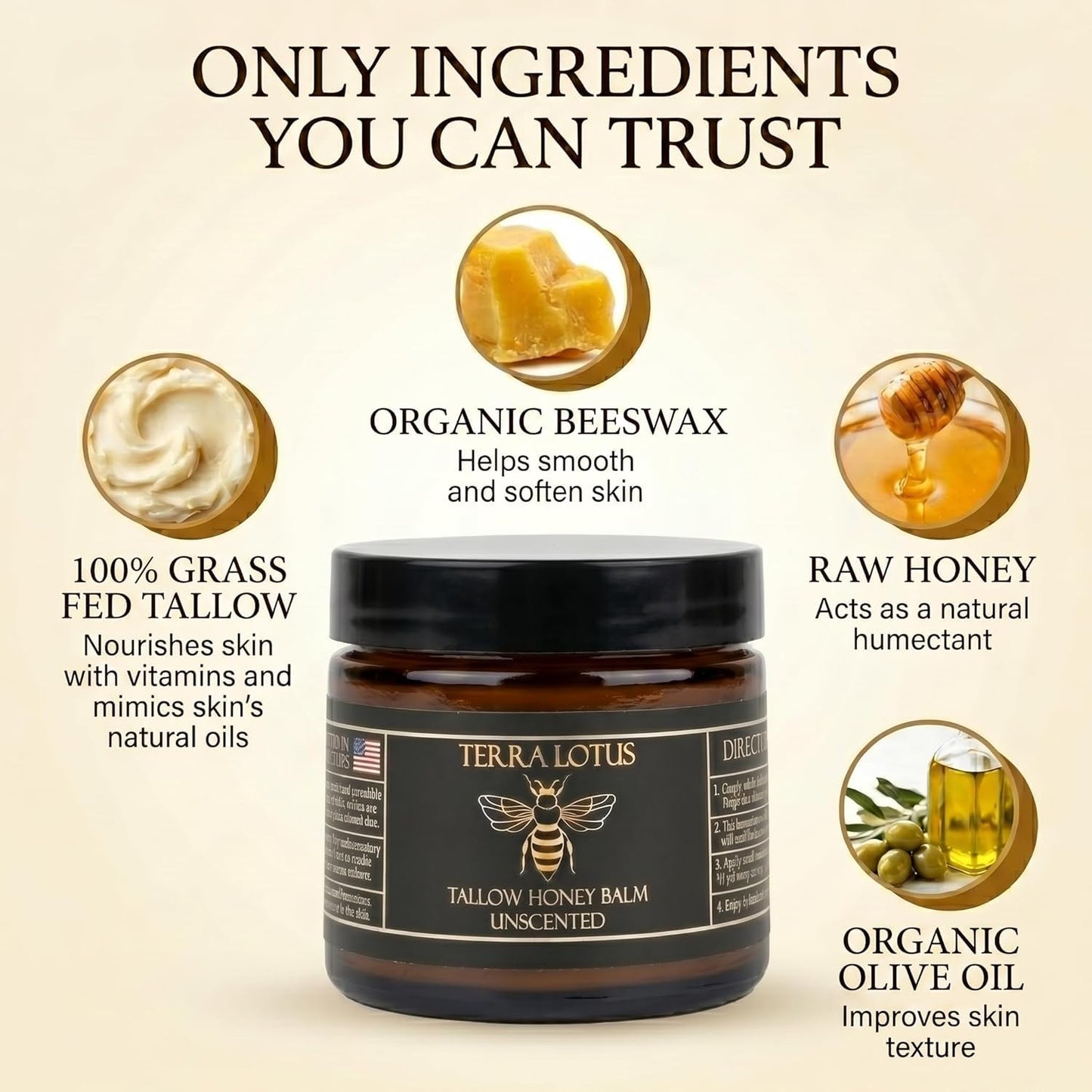 HOTTerra Lotus - Organic Grass-Fed Beef Tallow Balm with Raw Honey - Moisturizing Cream - Handmade All-Natural Moisturizer (2 Oz, Unscented)
