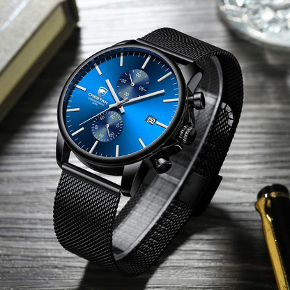 HOTGOLDEN HOUR Mens Watch Fashion Sleek Minimalist Quartz Analog Mesh Stainless Steel Waterproof Chronograph Watches for Men with Auto Date