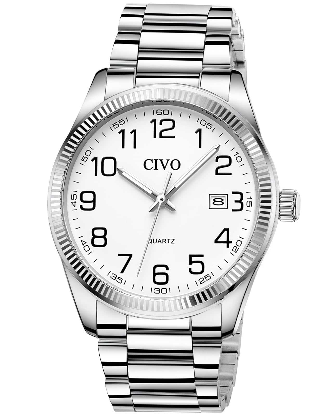 HOTCIVO Silver Analog Watches for Men: Stainless Steel Dress Wrist Watch Date | Classic, Easy to Read Large Numbers, Waterproof for Work, Formal, Gifts for Husband, Son, Father, Birthday, Anniversary