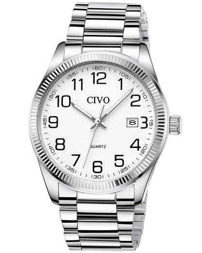 HOTCIVO Silver Analog Watches for Men: Stainless Steel Dress Wrist Watch Date | Classic, Easy to Read Large Numbers, Waterproof for Work, Formal, Gifts for Husband, Son, Father, Birthday, Anniversary