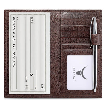 HOTHISCOW Leather Checkbook Cover with Card Slots & Pen Holder, Brown | Full grain cowhide, 5cc & ID window, personal check book & register pockets, removable duplicate divider, gifts for women men