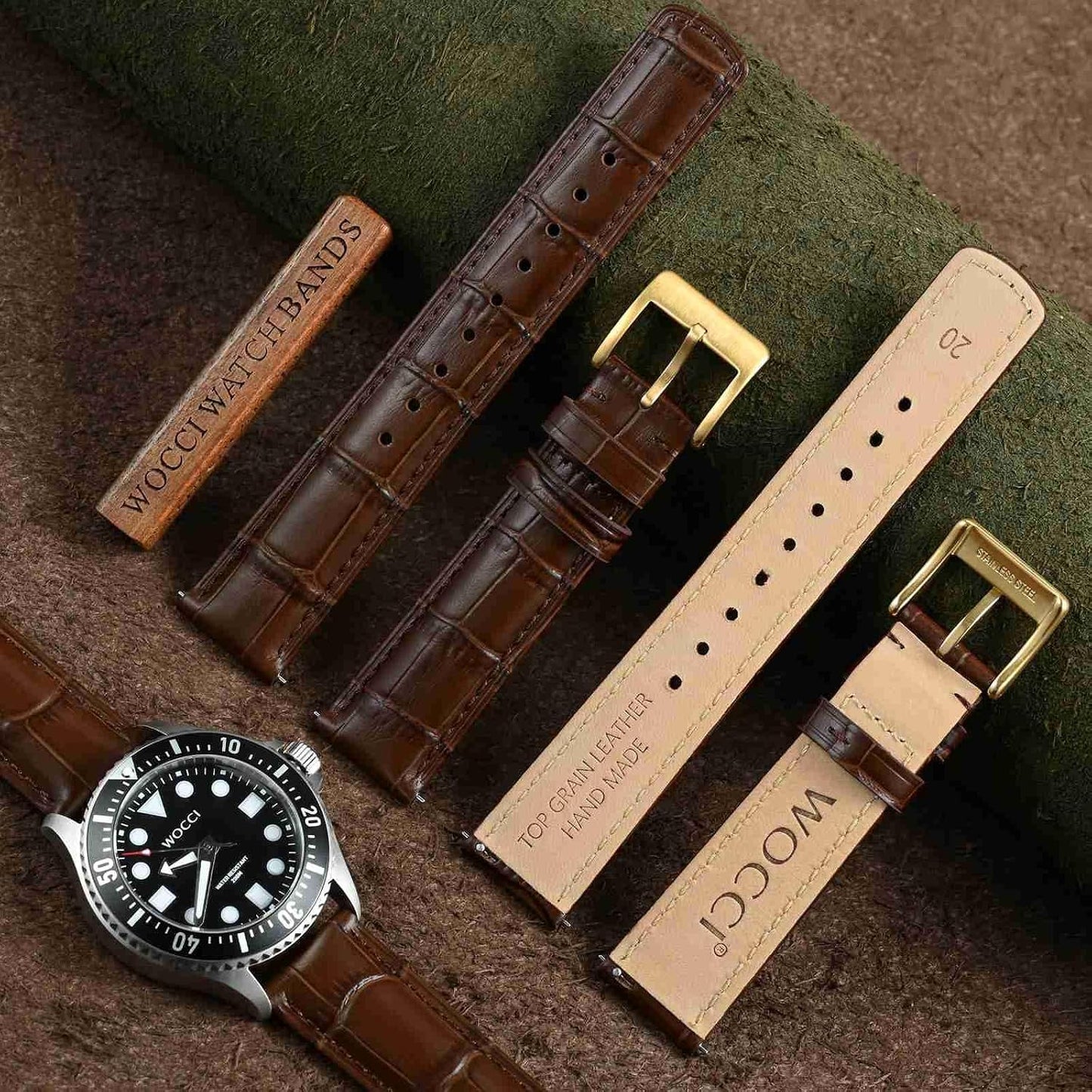 HOTWOCCI Watch Bands, Top Grain Leather, Embossed Alligator Grain, Quick Release, Band Width 18mm 20mm 22mm