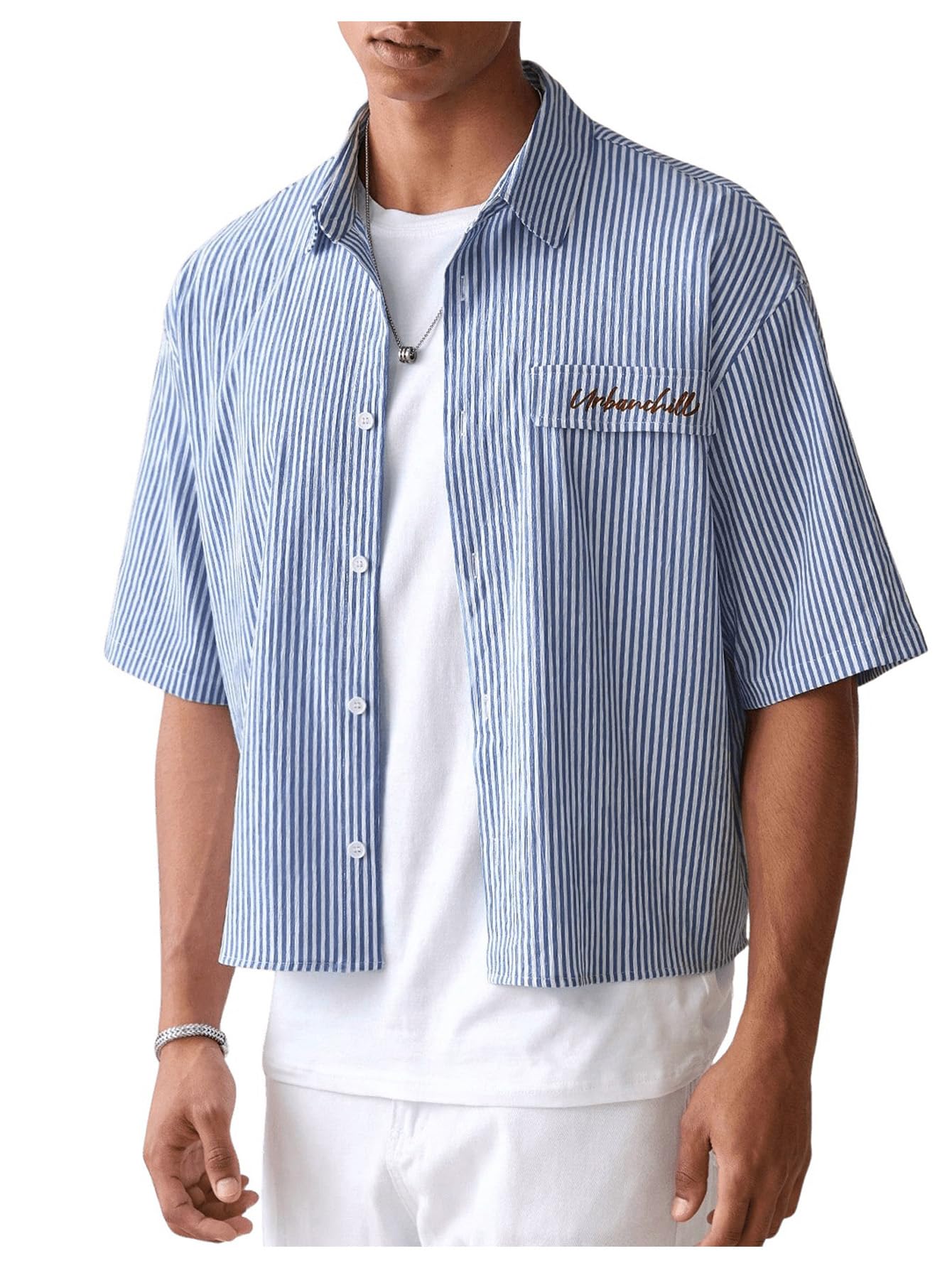 HOTGORGLITTER Men's Striped Button Down Up Cropped T Shirt Short Sleeve Letter Summer Vacation Shirts Boxy Tees Streetwear | Vintage Gingham Shirt, Drop Shoulder Crop Top, Y2K Streetwear, Summer Vacation Clothes