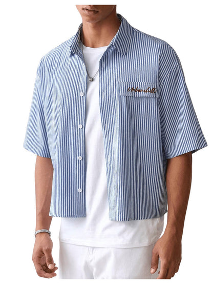 HOTGORGLITTER Men's Striped Button Down Up Cropped T Shirt Short Sleeve Letter Summer Vacation Shirts Boxy Tees Streetwear | Vintage Gingham Shirt, Drop Shoulder Crop Top, Y2K Streetwear, Summer Vacation Clothes