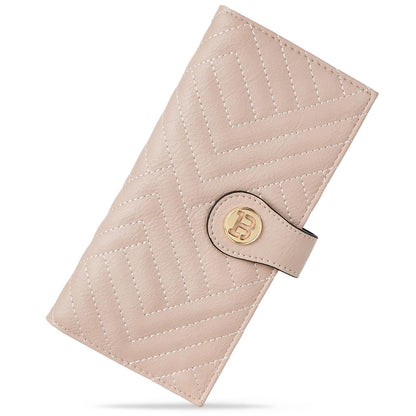 HOTBOSTANTEN Slim Wallet Women RFID Card Holder with Zipper Coin Pocket | Thin, Lightweight, 11 Card Slots, Long Bifold, Clutch Wallet, Fits Small Purses, Quilted Vegan Leather, Gifts, Beige＆Brown