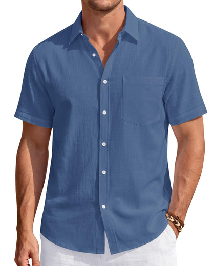 HOTJ.VER Mens Linen Shirt Short Sleeve Button Down Casual Summer Shirts | Cotton Linen, Untucked, Big Tall, from Beach Camp Vacation, Cruise Fishing, Work Office, to Wedding Party Family, with Pocket
