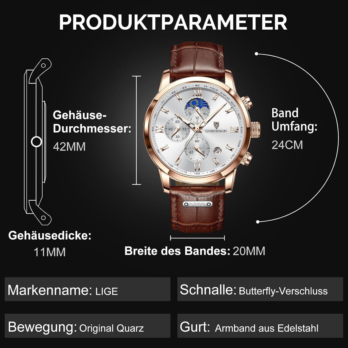HOTLIGE Chronograph Watch for Men Wrist Leather Analog Dress Waterproof Vintage Work Casual Unique Retro Quartz Date Moon Phase Display Luminous 3ATM Water Resistant Mens Watches