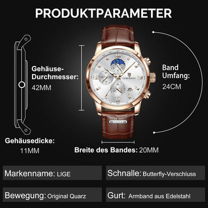 HOTLIGE Chronograph Watch for Men Wrist Leather Analog Dress Waterproof Vintage Work Casual Unique Retro Quartz Date Moon Phase Display Luminous 3ATM Water Resistant Mens Watches