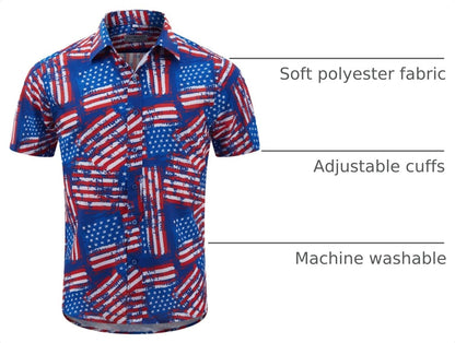 HOTENVMENST Men's American Flag Button Down Shirts Casual Short Sleeve Patriotic Hawaiian Shirt