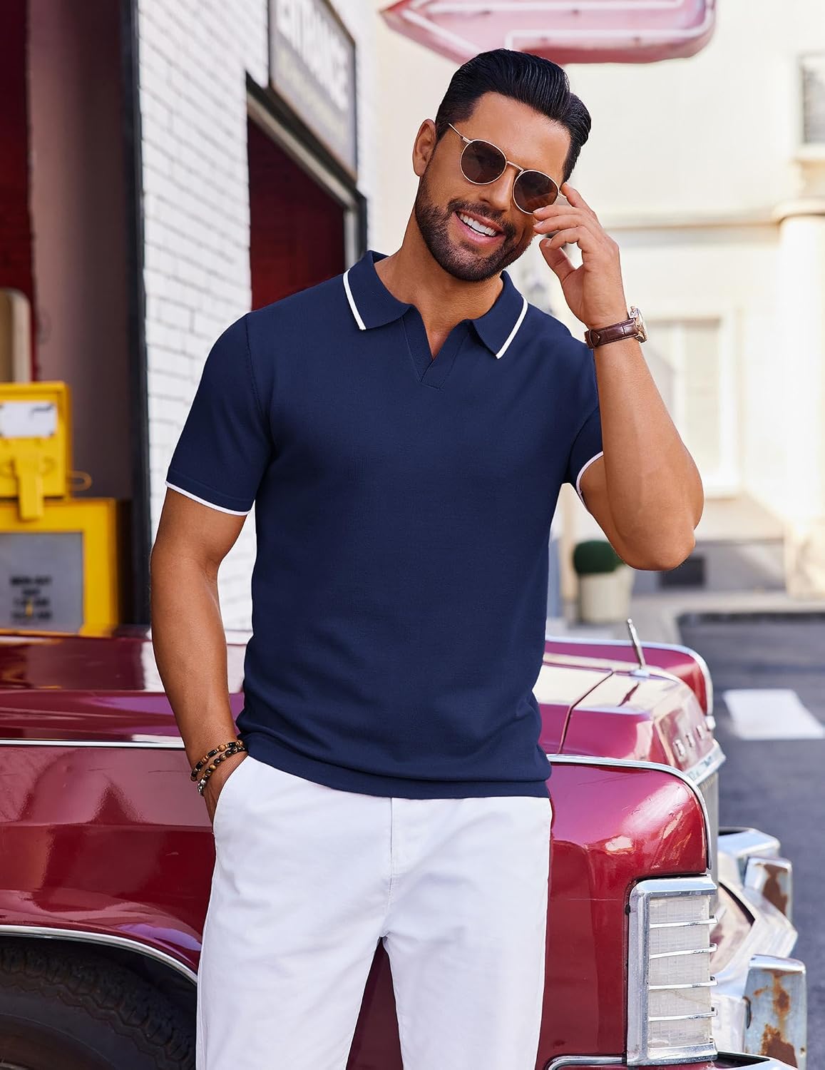 HOTCOOFANDY Mens Polo Shirts Short Sleeve Casual Knit Polo Shirt Vintage Golf T Shirts Old Money Tops