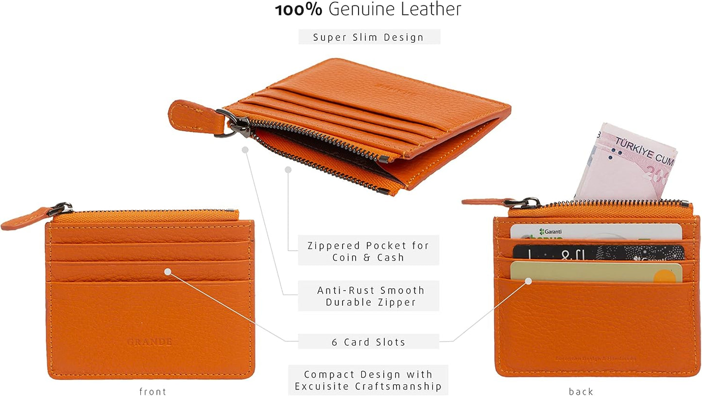 HOTgrande 3603 Genuine Leather Card Holder For Women and Men Slim Minimalist Small Zipper Wallet (ORANGE)
