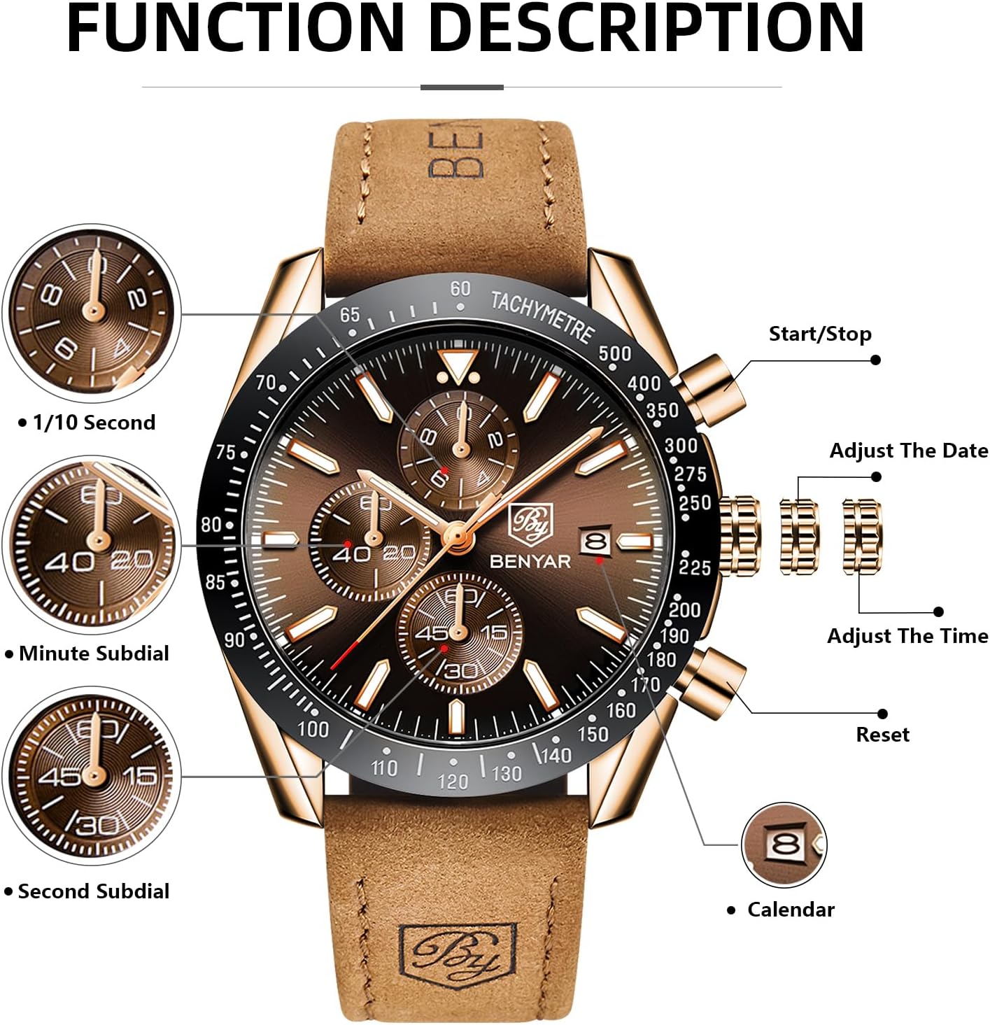 HOTBENYAR Mens Watches Quartz Movement Chronograph Leather Strap Fashion Business Sport Design 30M Waterproof Scratch Resistant Elegant Gifts for Men
