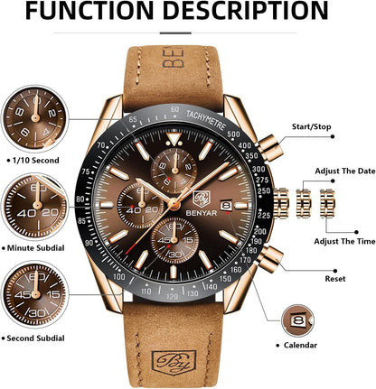 HOTBENYAR Mens Watches Quartz Movement Chronograph Leather Strap Fashion Business Sport Design 30M Waterproof Scratch Resistant Elegant Gifts for Men