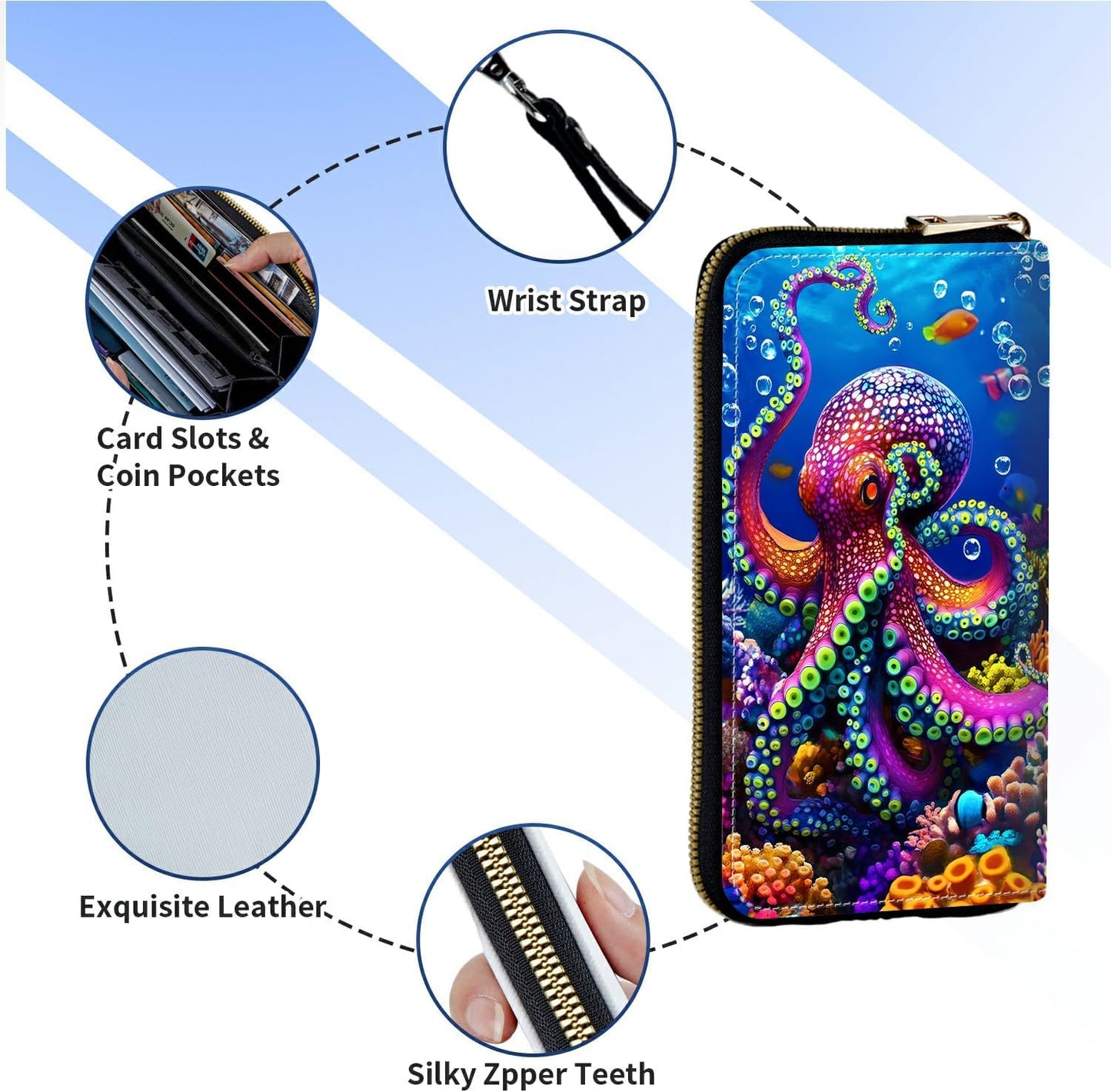 HOTWomen's Wristlet Wallets for Ladies, RFID Blocking Leather Zipper Handbag Clutch Purse Money Holder Organizer for Travel Shopping, Ocean Octopus