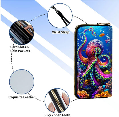 HOTWomen's Wristlet Wallets for Ladies, RFID Blocking Leather Zipper Handbag Clutch Purse Money Holder Organizer for Travel Shopping, Ocean Octopus