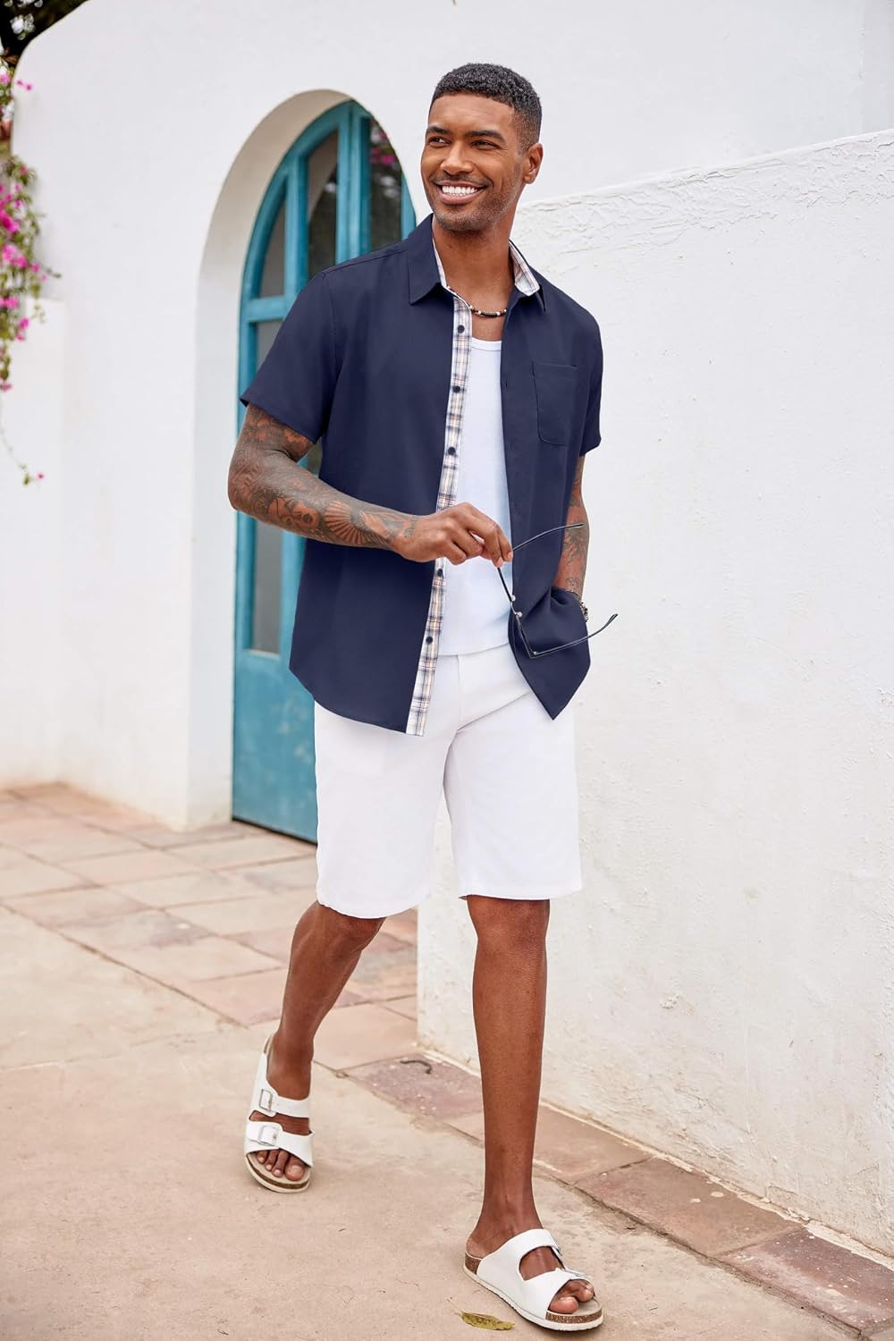 HOTCOOFANDY Men's Button Down Shirts Short Sleeve Casual Summer Beach Vacation Wedding Shirt with Pocket