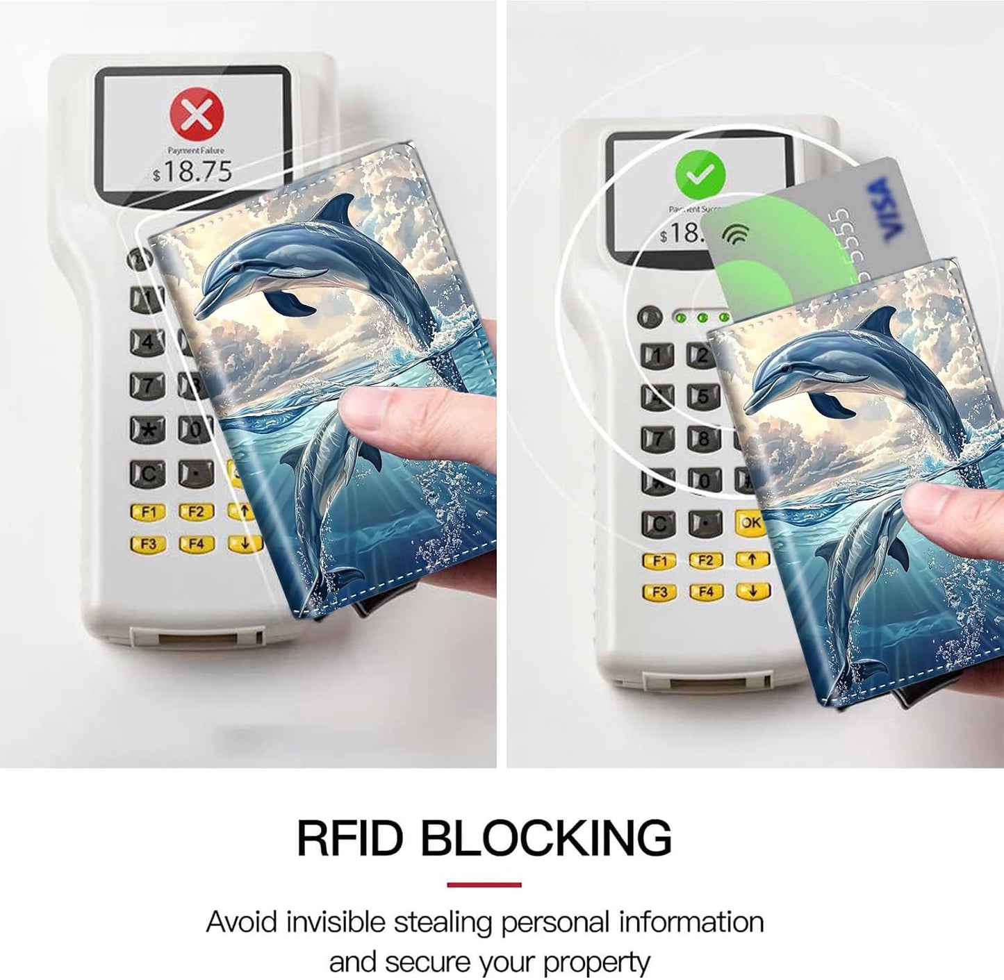 HOTPop Up Wallet Women Men with Money Slot,RFID Blocking Leather Minimalist Automatic Credit Card Holder Business Trifold Card Case-Blue Dolphin