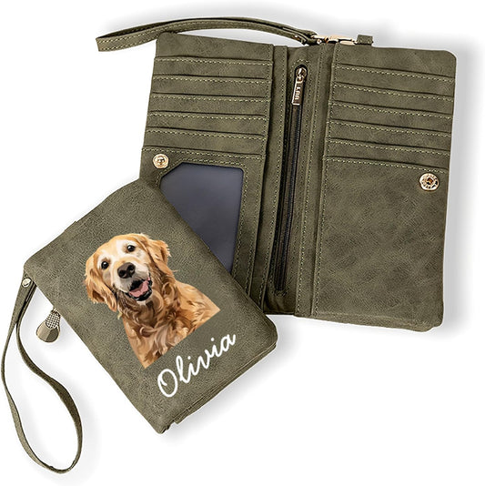 HOTBYFDIY Custom Women Wallet Wristlet Personalized Dog Cat Picture & Name Leather Wallet Coin Purse Card Holder for Women Birthday Christmas Mother's Day Gifts for Pet Lovers Owners Her