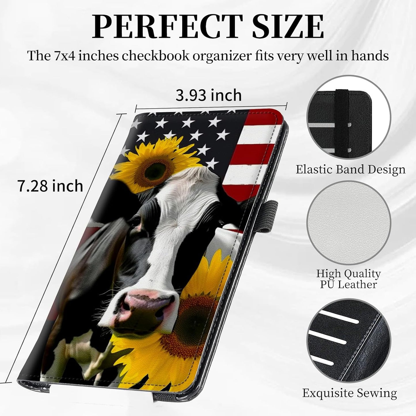 HOTCheck Book Cover for Personal Checkbook American Flag Sunflowers Cow Pattern Design PU Leather Checkbook Cover for Men Women with Card Slot & Pen Holder and Elastic Strap for Duplicate Checks