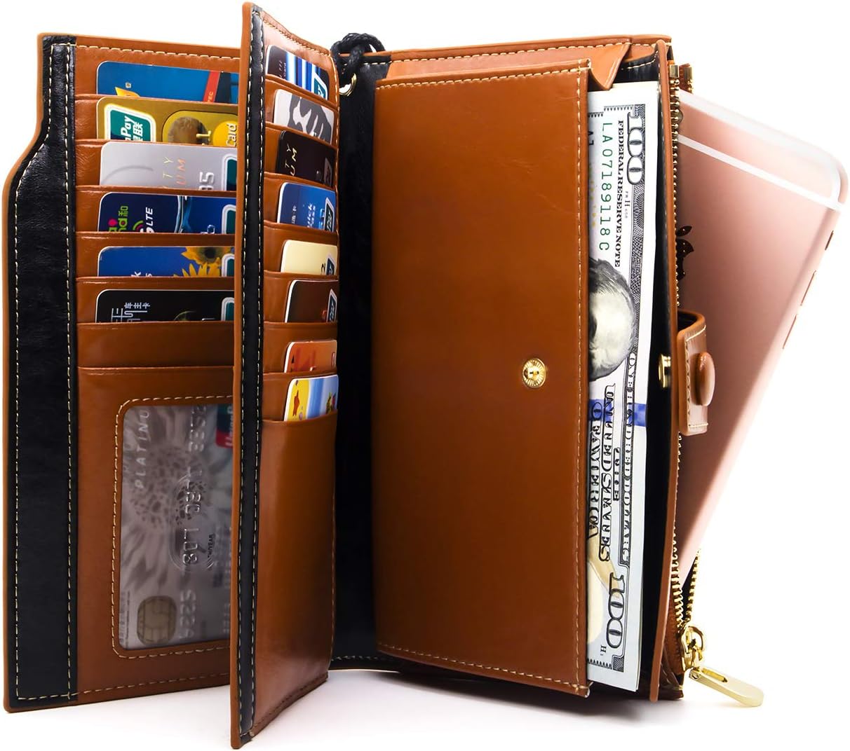 HOTANDOILT Women's RFID Blocking Large Capacity Luxury Wax Genuine Leather Clutch Wallet Card Holder Organizer Ladies Purse